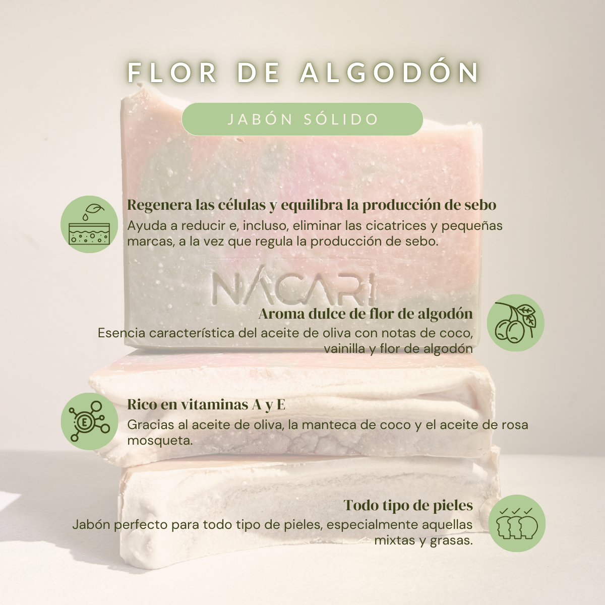 Flor de algodón: jabón sólido facial de rosa mosqueta y aceite de oliva virgen extra - Imagen 3